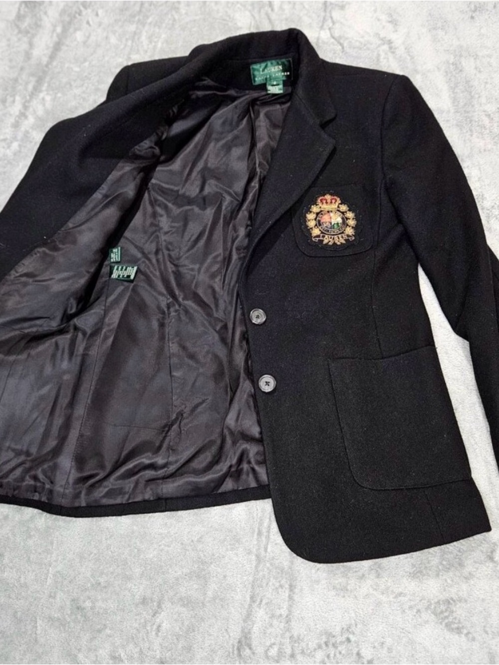 Vtg Lauren Ralph Lauren Blazer Womens 8 Black Wool Cashmere Blend Beaded Crest - Picture 11 of 15